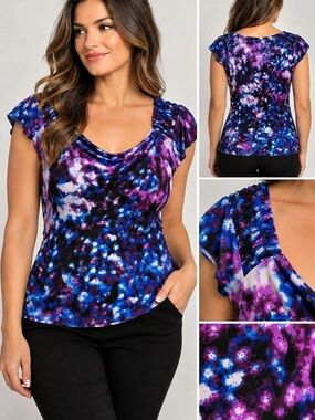 Worthington Abstract Print Short Sleeve Top in Purple & Blue Size PS